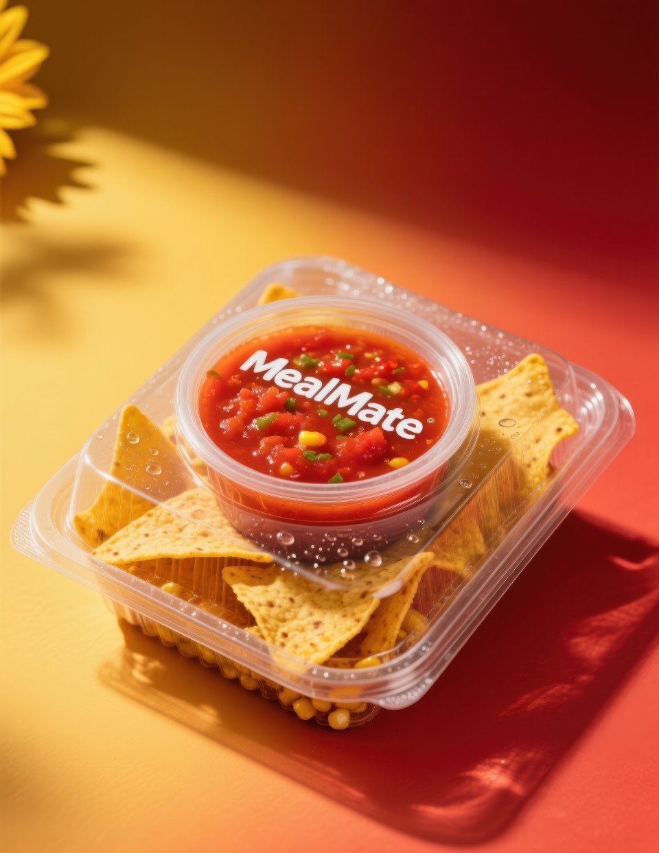 Transparent pack of nachos with salsa tub