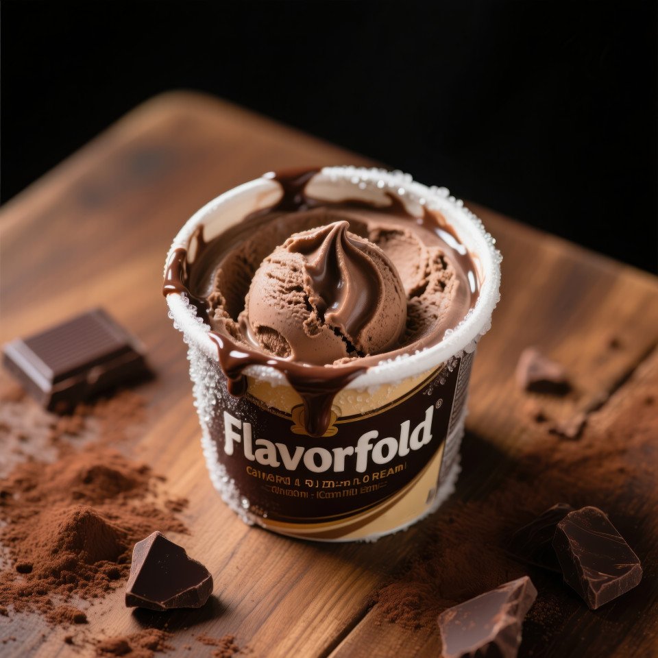 Open ice cream tub with rich fudge