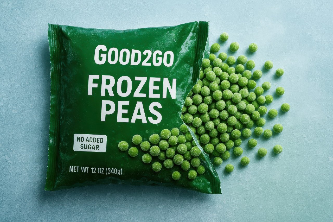 Frozen peas spilling from torn pack on icy surface with frost and mist