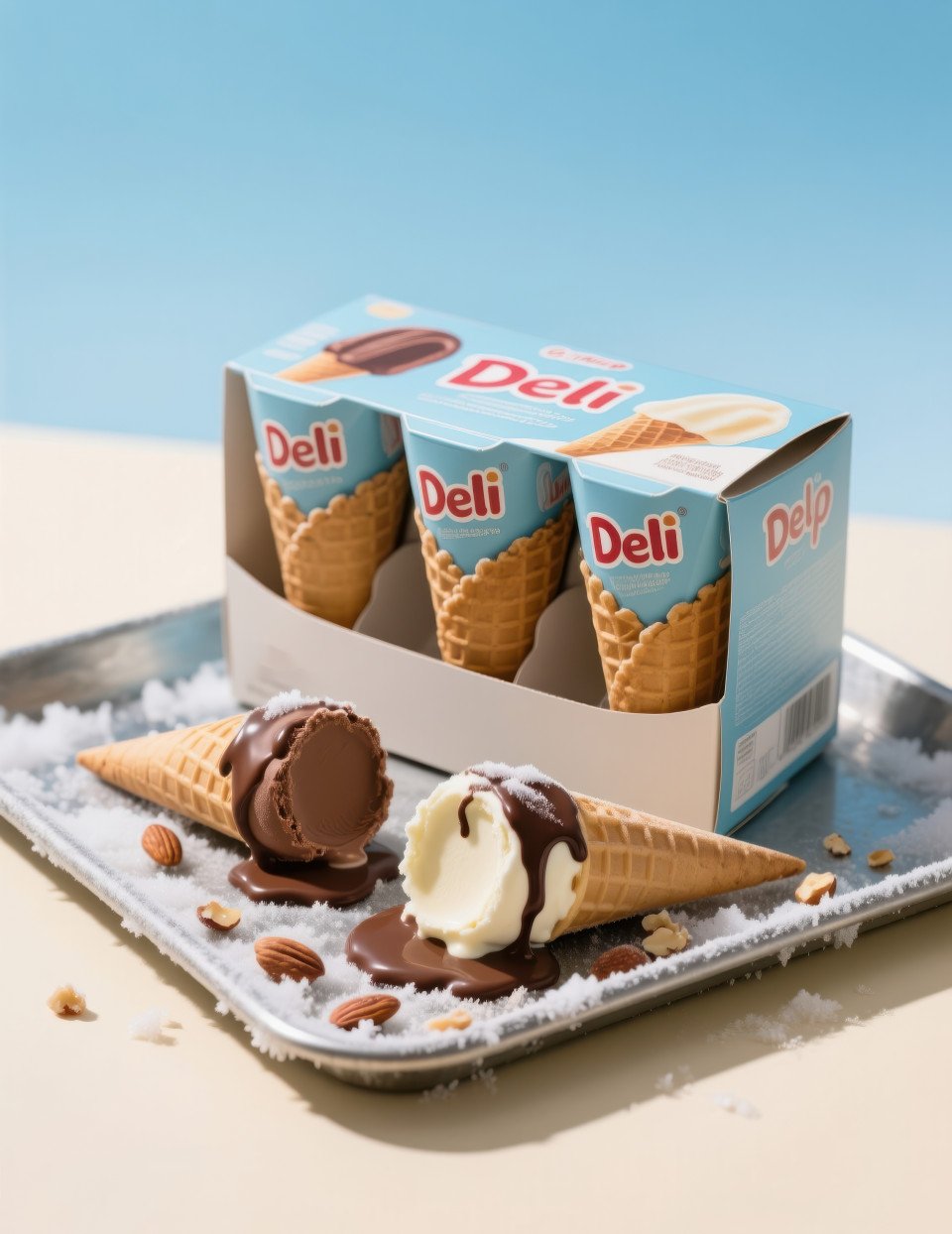Box of six ice cream cones on chilled tray with melting cone