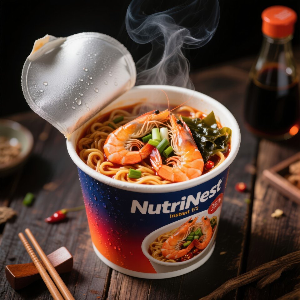 Top view instant noodle cup opened with shrimp