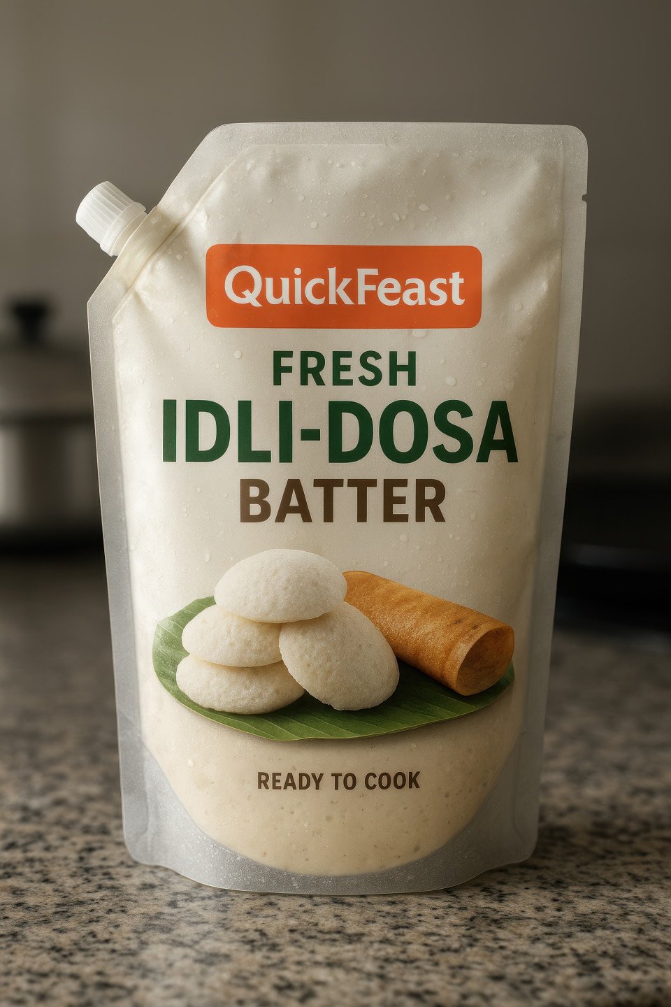 Front view of spouted batter pouch on granite slab