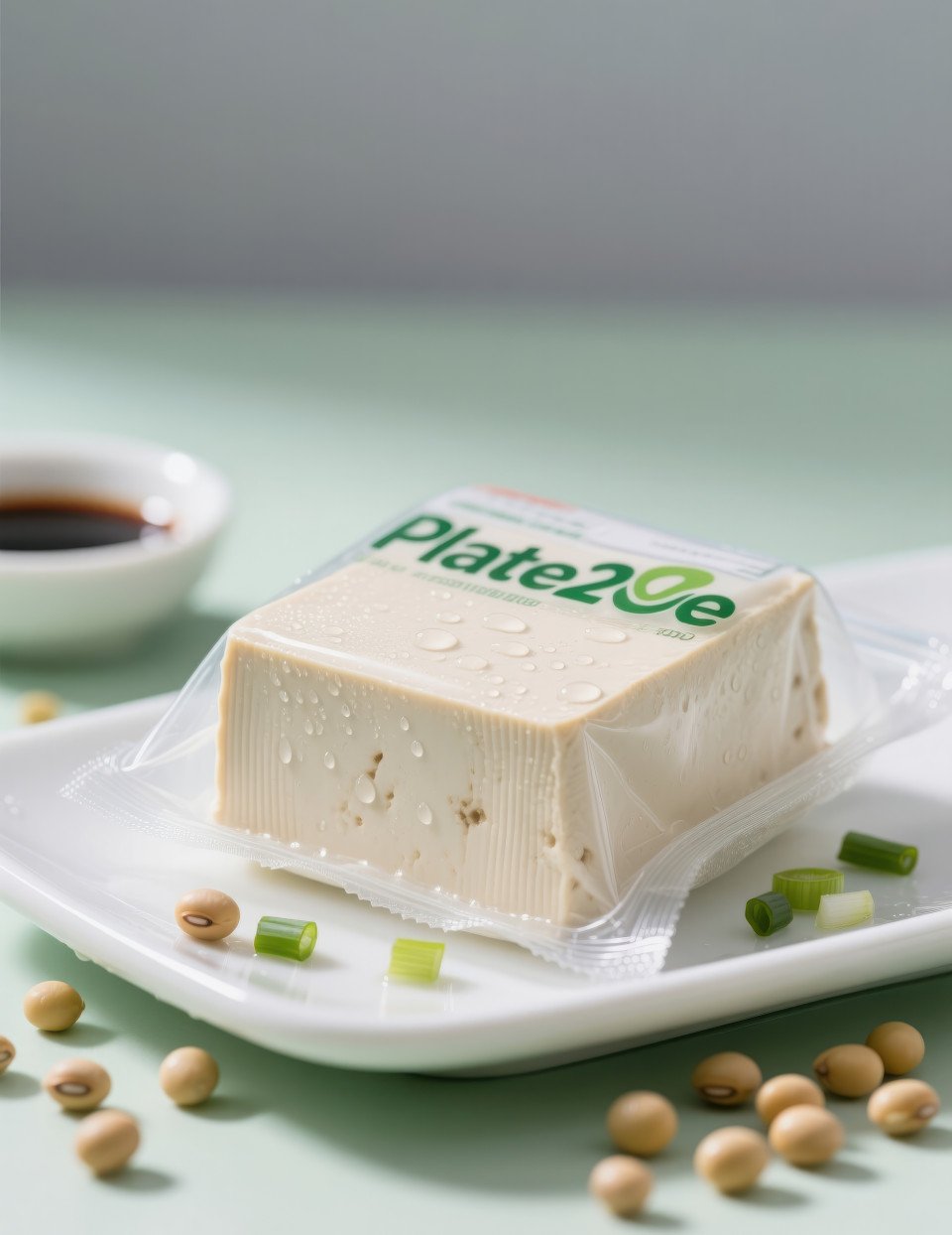 Straight view organic tofu in clear pack on plate