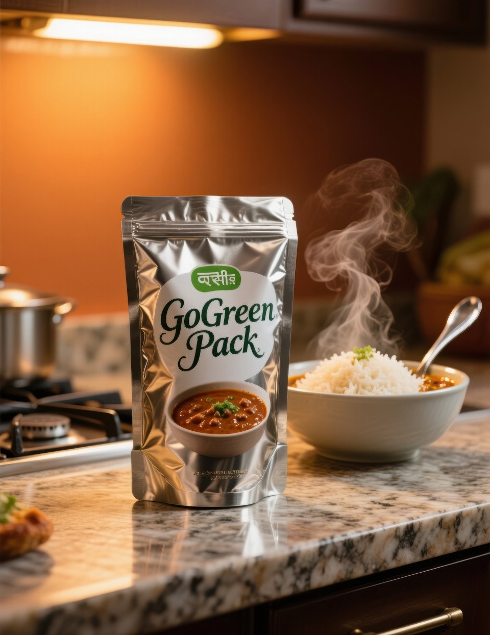Standing metallic food pouch on granite counter with rajma steam