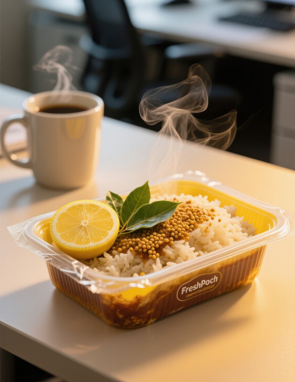 Warm microwavable tray with rice