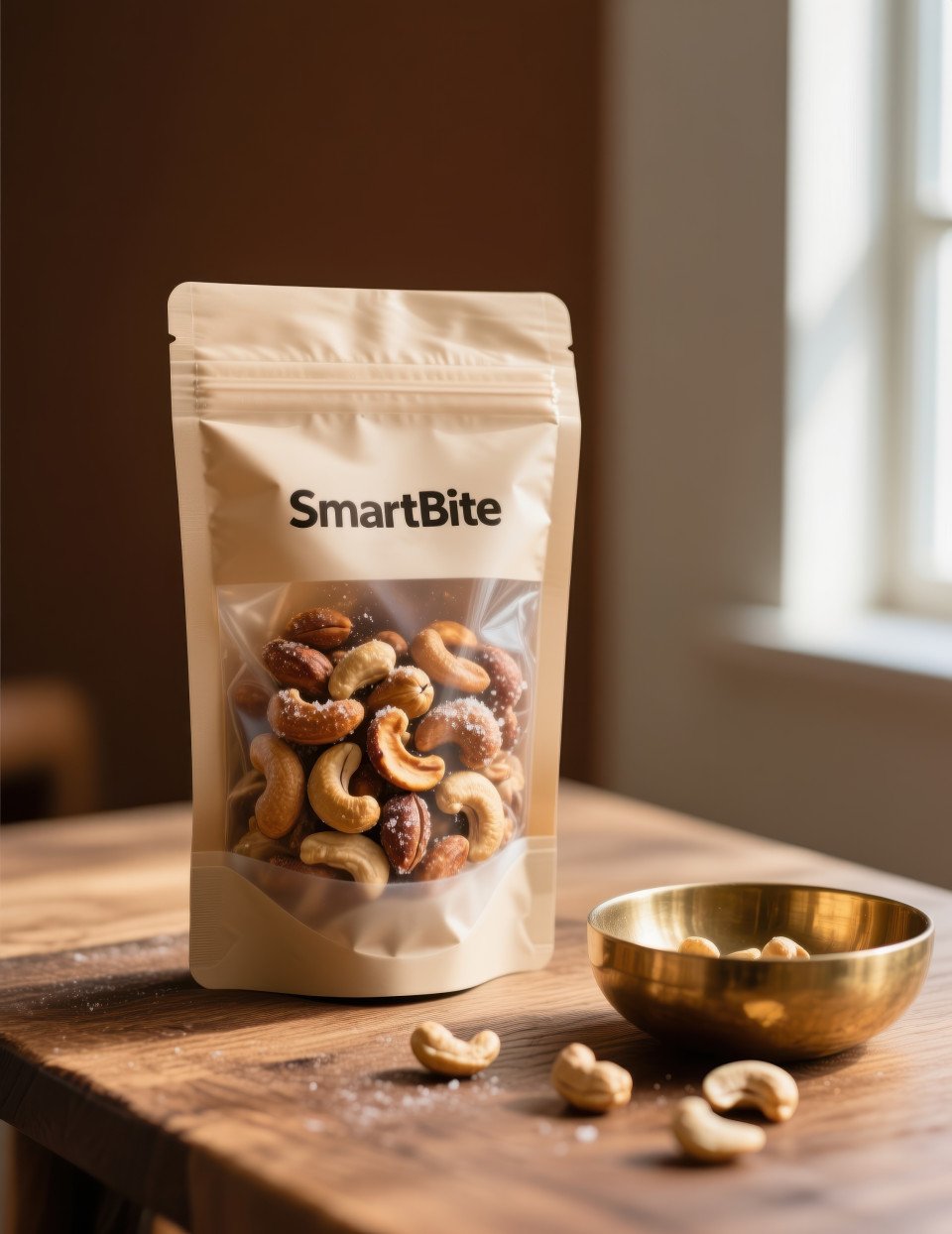 Upright pouch of roasted salted cashews on wooden table with brass bowl of nuts