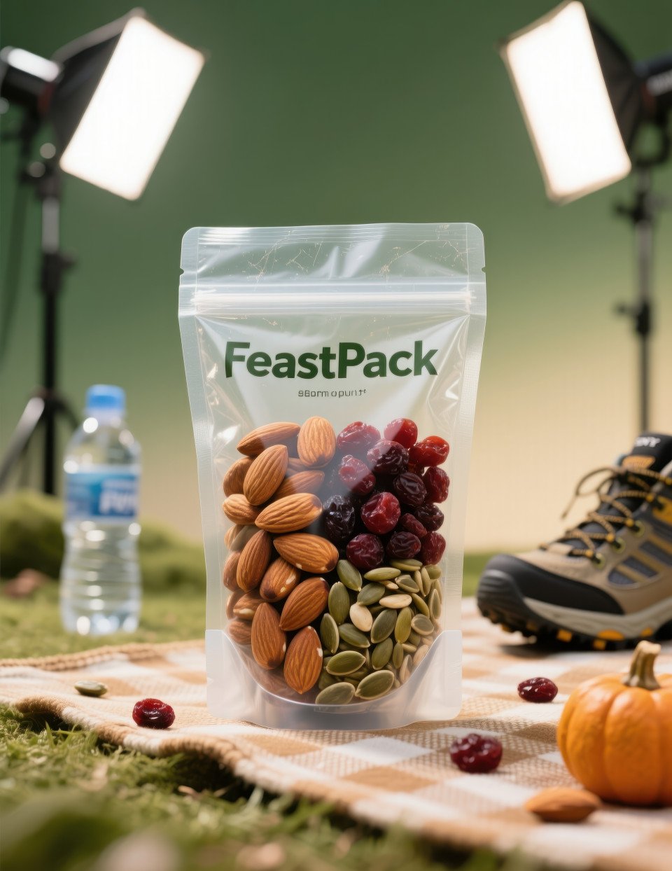 Transparent pouch of almonds raisins cranberries and pumpkin seeds on picnic mat with outdoor feel