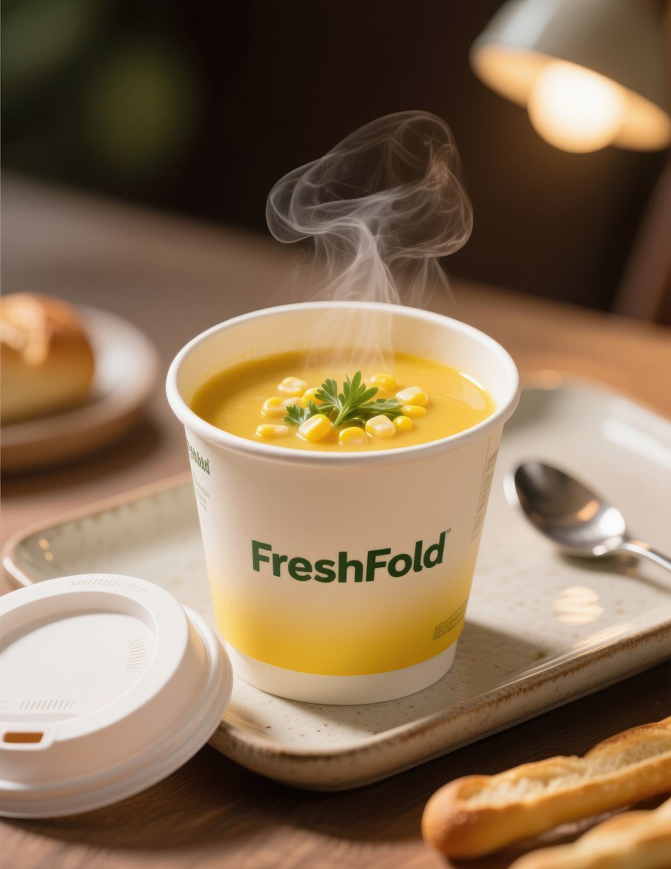 Cup packaging of hot yellow soup with corn and herbs on ceramic tray with spoon and breadsticks behind