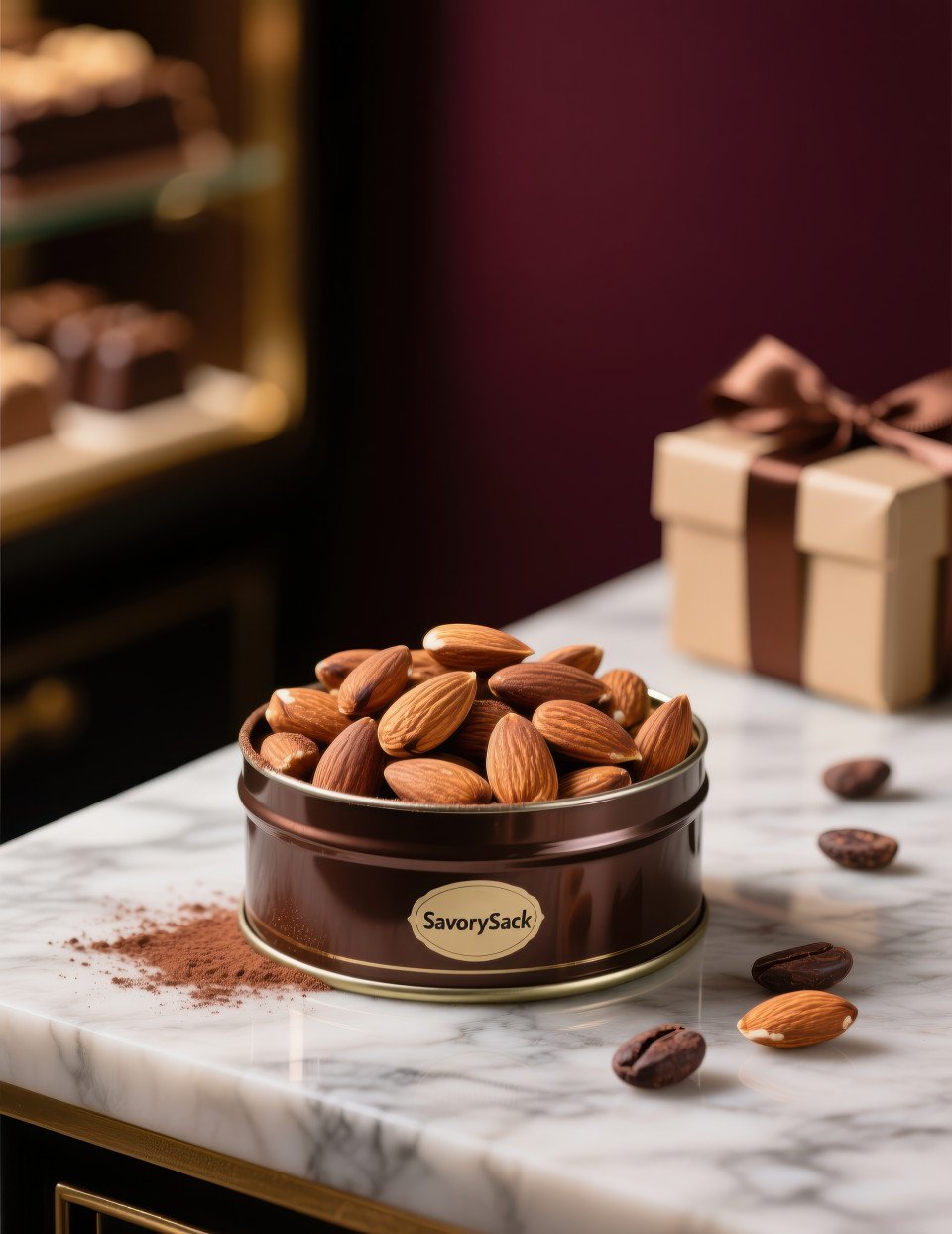 Tin box of almonds on marble counter with cocoa beans and ribboned gift box blurred behind