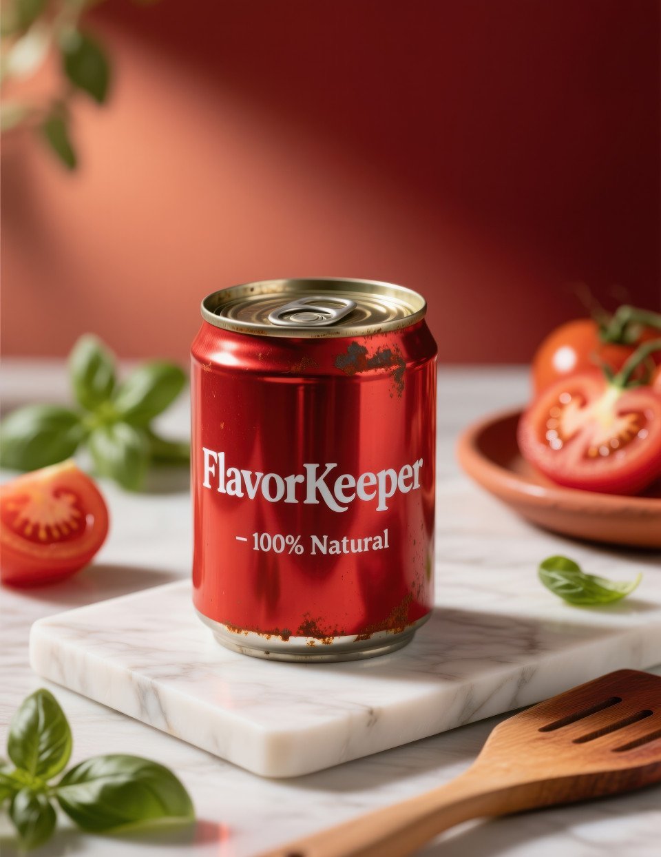 Red metal can on marble slab with tomato slices and basil leaves