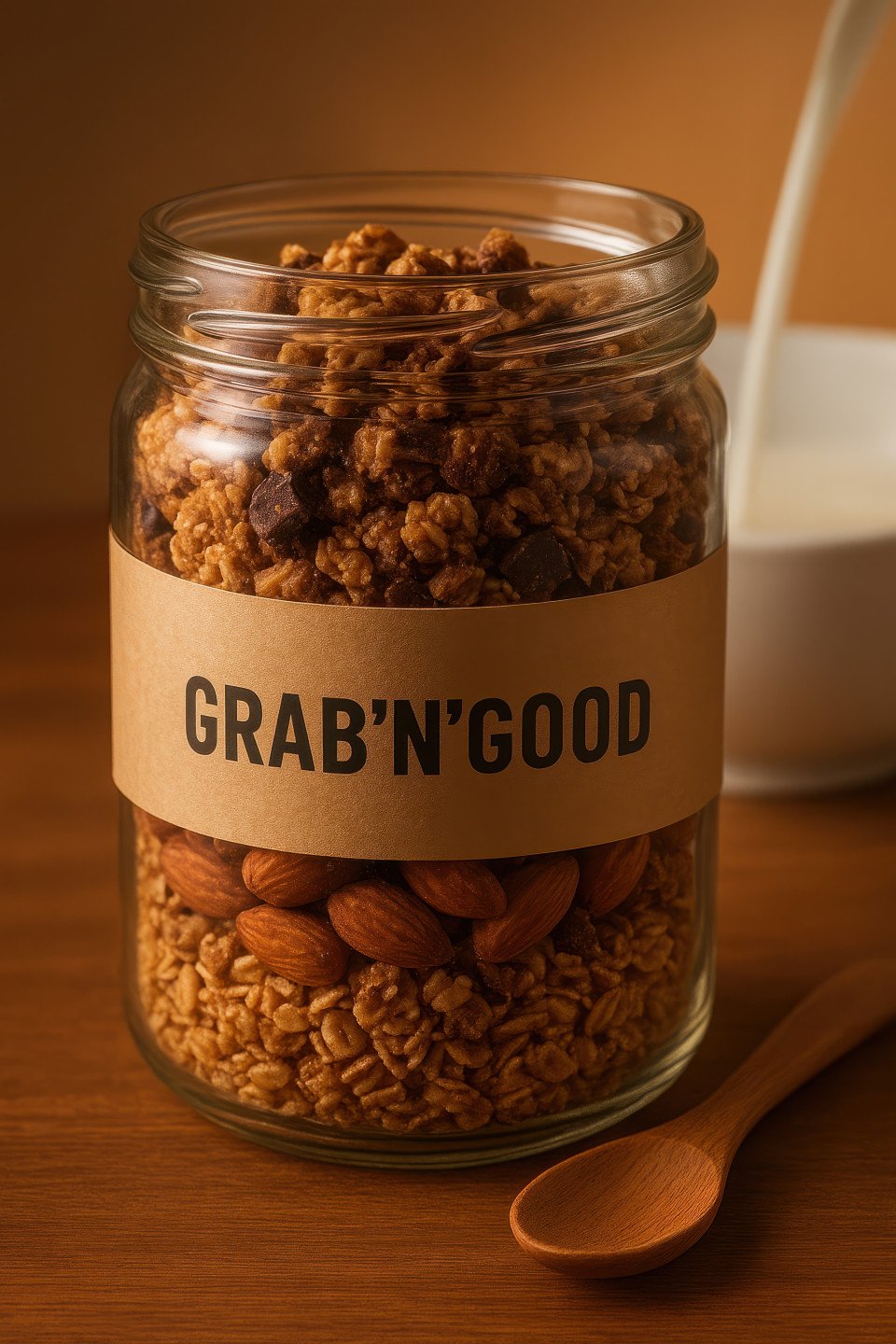 Clear jar of layered granola oats and nuts on breakfast table with milk pouring in bowl behind