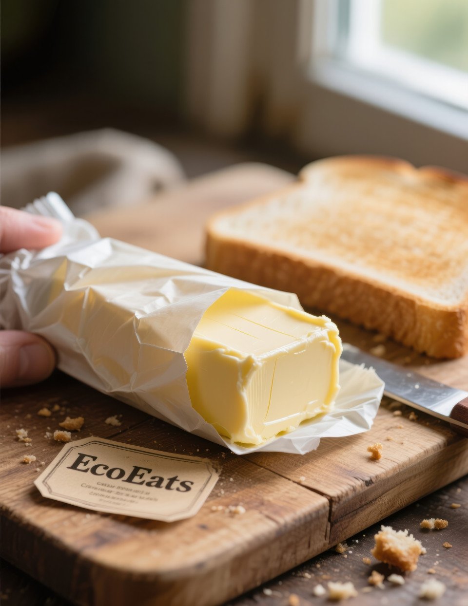 Half unwrapped butter block in wax paper on wooden cutting board with crumbs and toast behind
