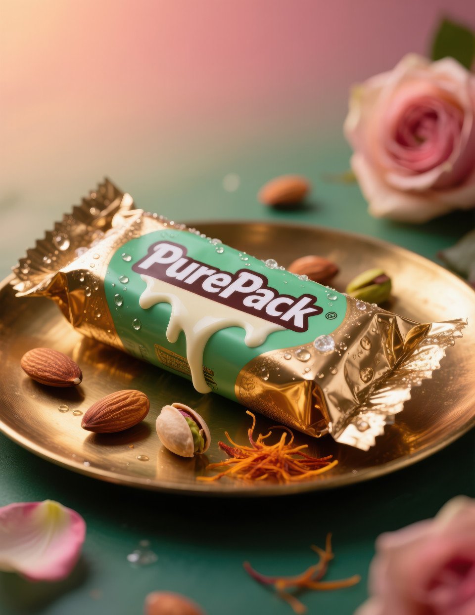 Kulfi ice cream bar in rich wrapper on brass plate with dry fruits saffron and rose petals