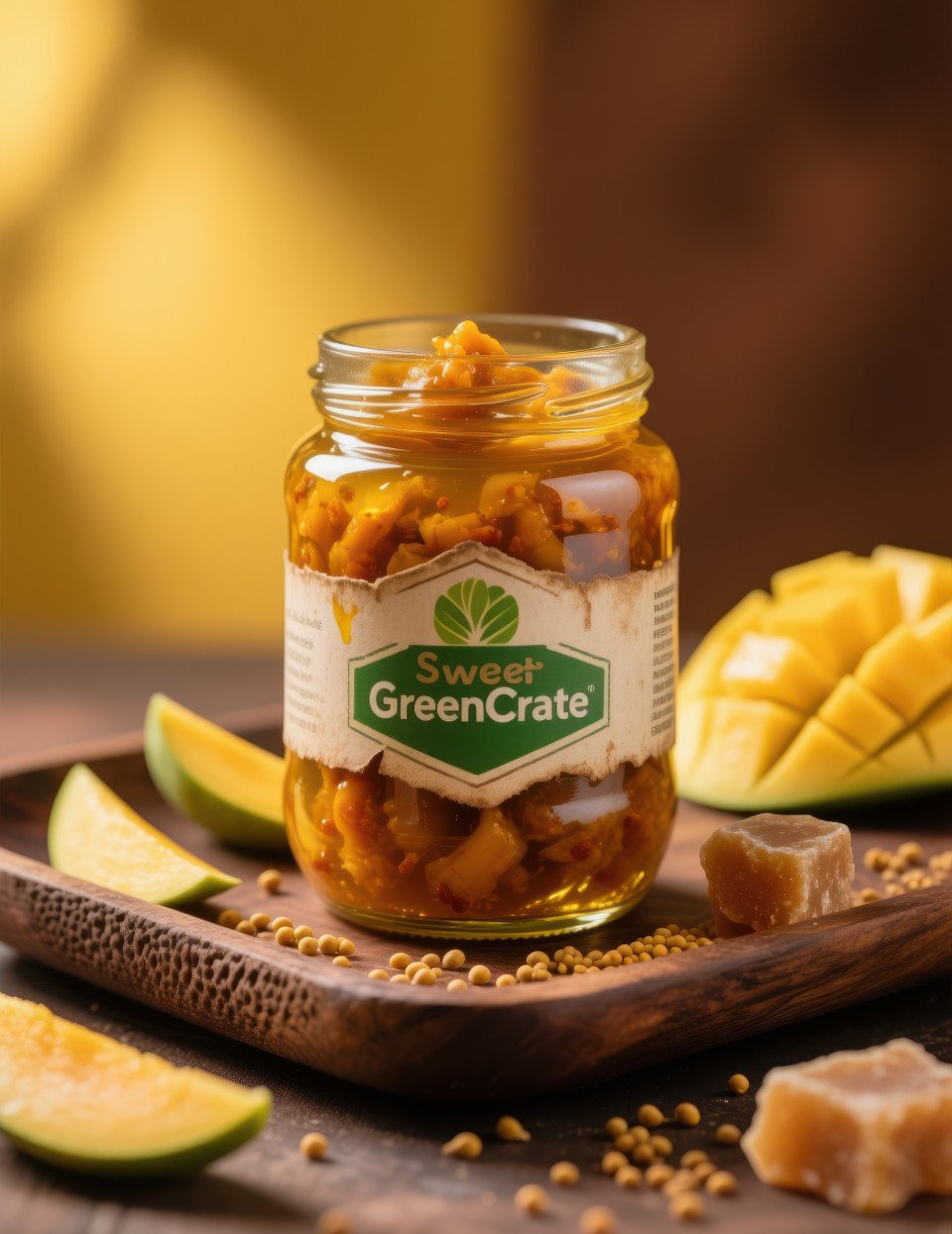 Mango pickle jar on wooden tray with mango slices mustard seeds and jaggery