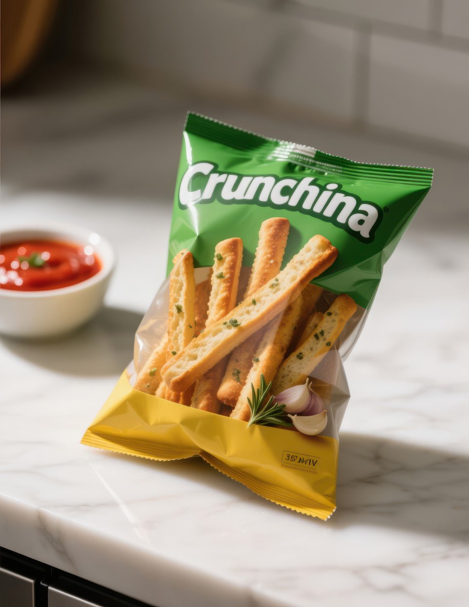 Side pouch of crunchy breadsticks on marble surface with dipping bowl of marinara sauce blurred behind garlic herb flecks visible
