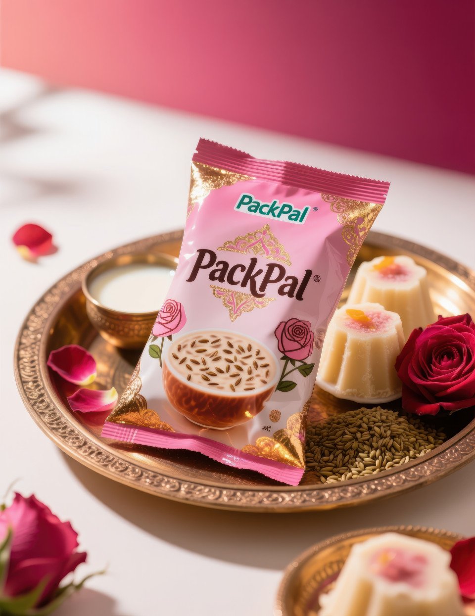 Sachet of falooda mix on thali setup with milk soaked seeds rose petals and kulfi in background shiny foil festive dessert