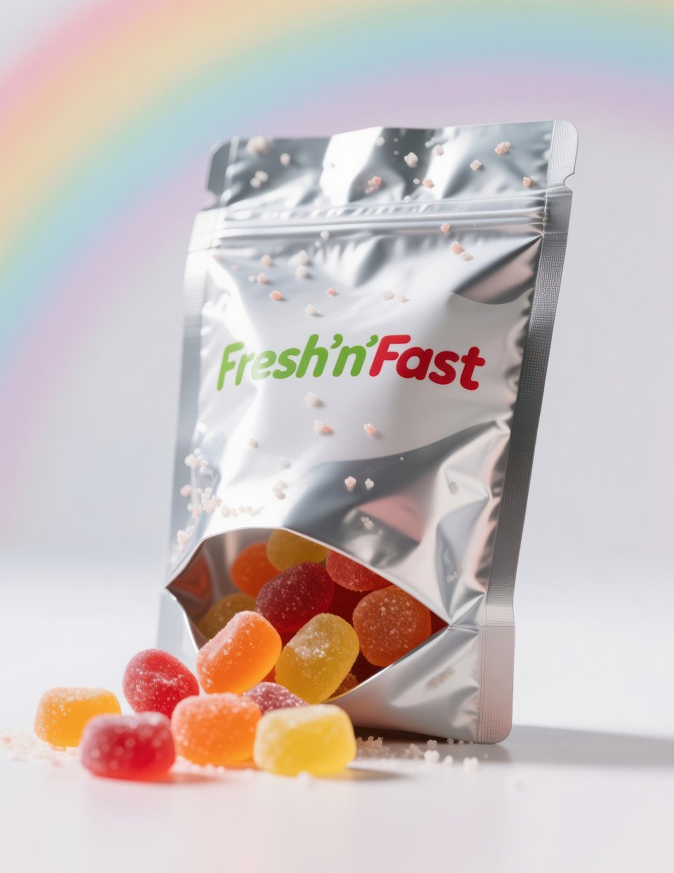 Upright pouch with colorful gummies spilling in front glossy texture with sugar granules on soft plastic rainbow tones
