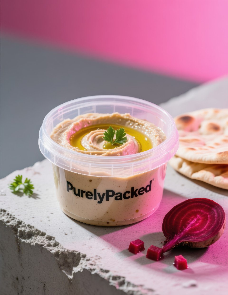 Plastic tub of hummus on concrete surface with pita bread and beetroot nearby creamy swirls with oil and parsley garnish