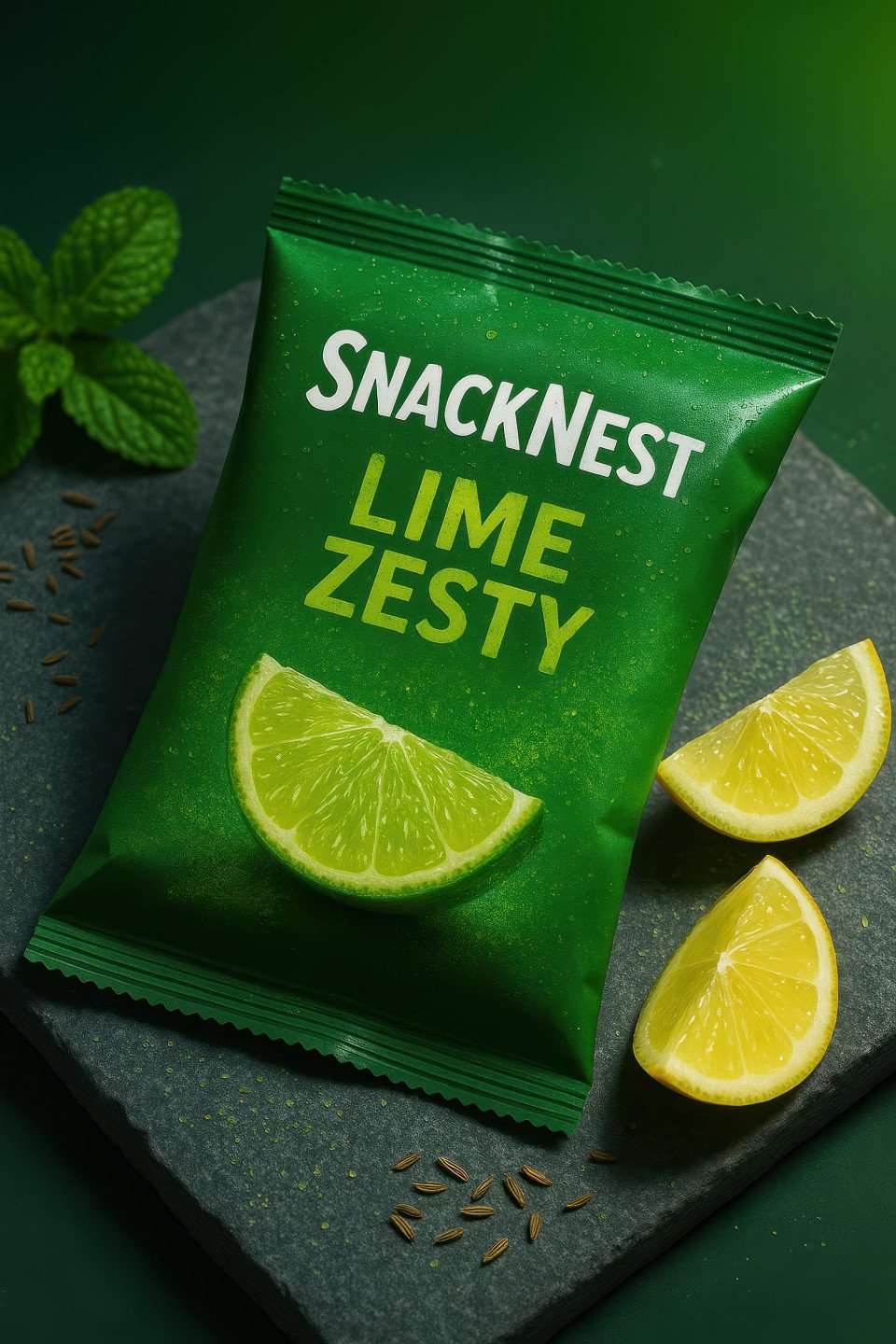Sachet pack on stone slab with mint leaves cumin seeds lemon slices blurred around sprinkled powder and fresh lime