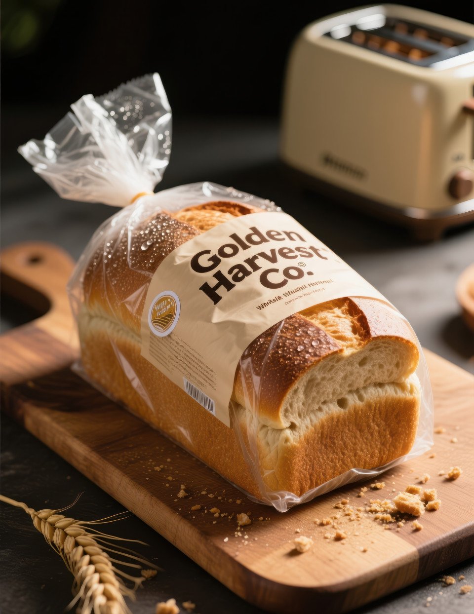 Wrapped whole wheat bread loaf on rustic board with toaster blurred condensation inside wrap and grain texture on crust