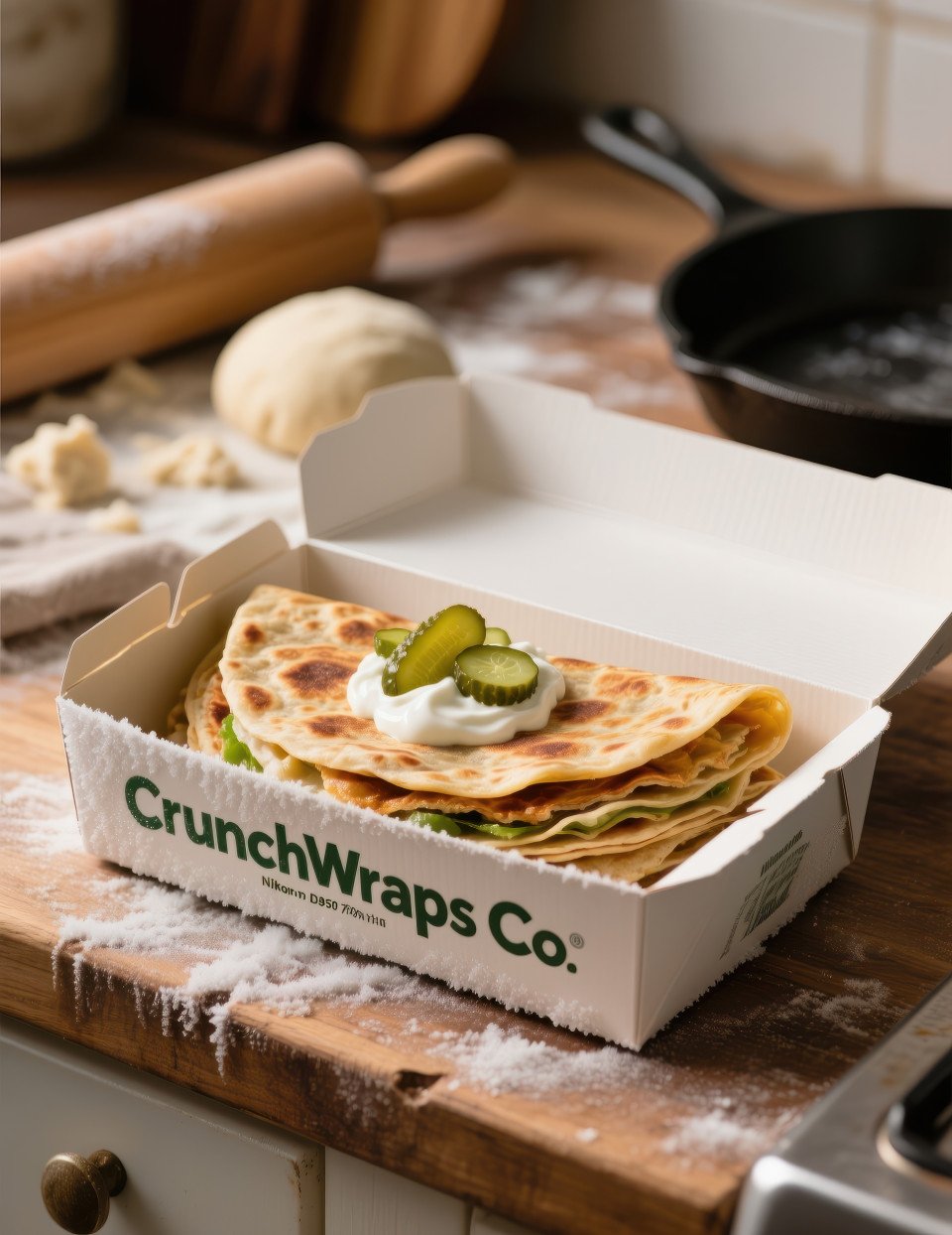 Frozen paratha box on kitchen counter with cooked paratha served with pickle and yogurt dough and pan blurred behind