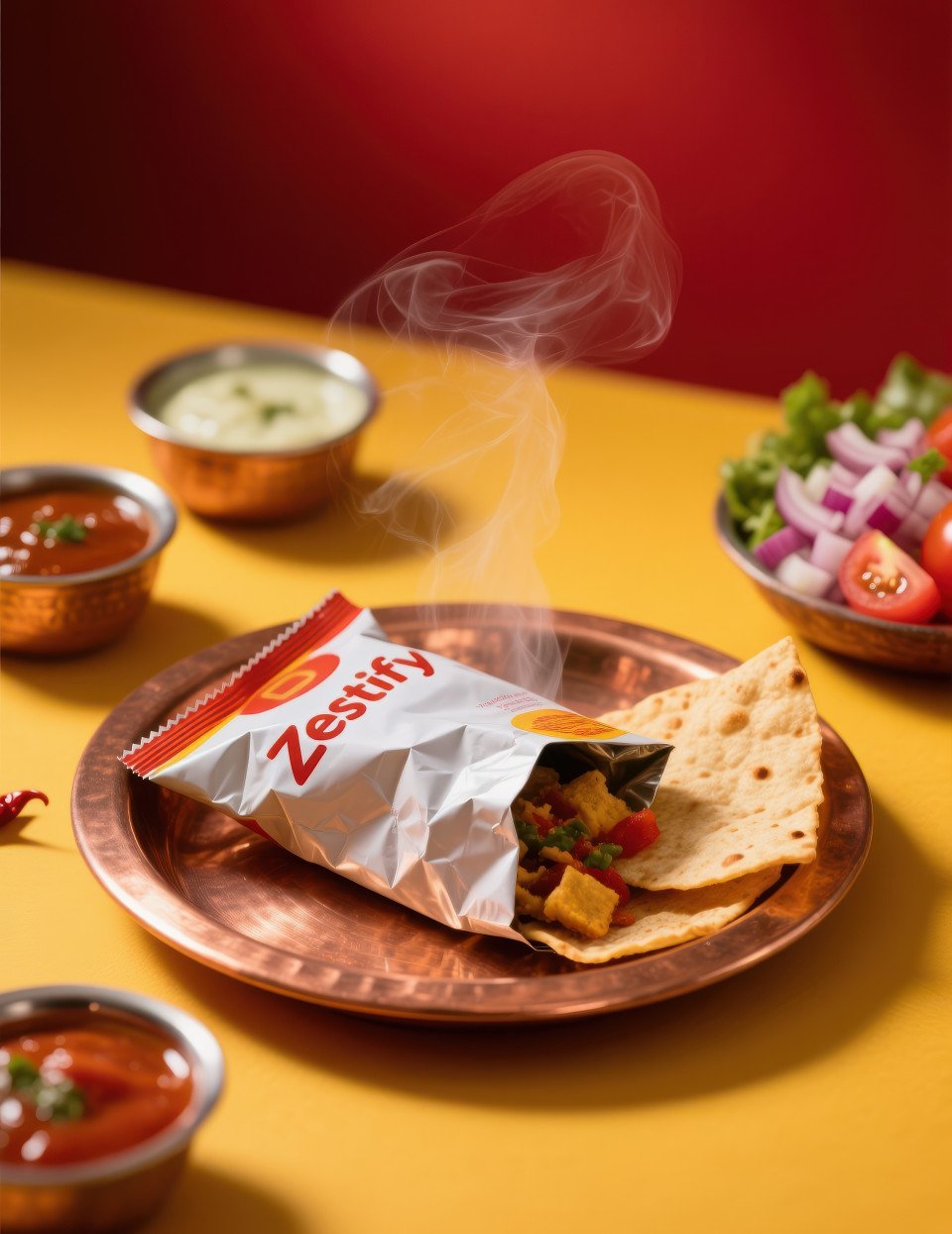 Packet of ready to eat snack on copper thali with chutneys and onion tomato garnish blurred steam rising from papad