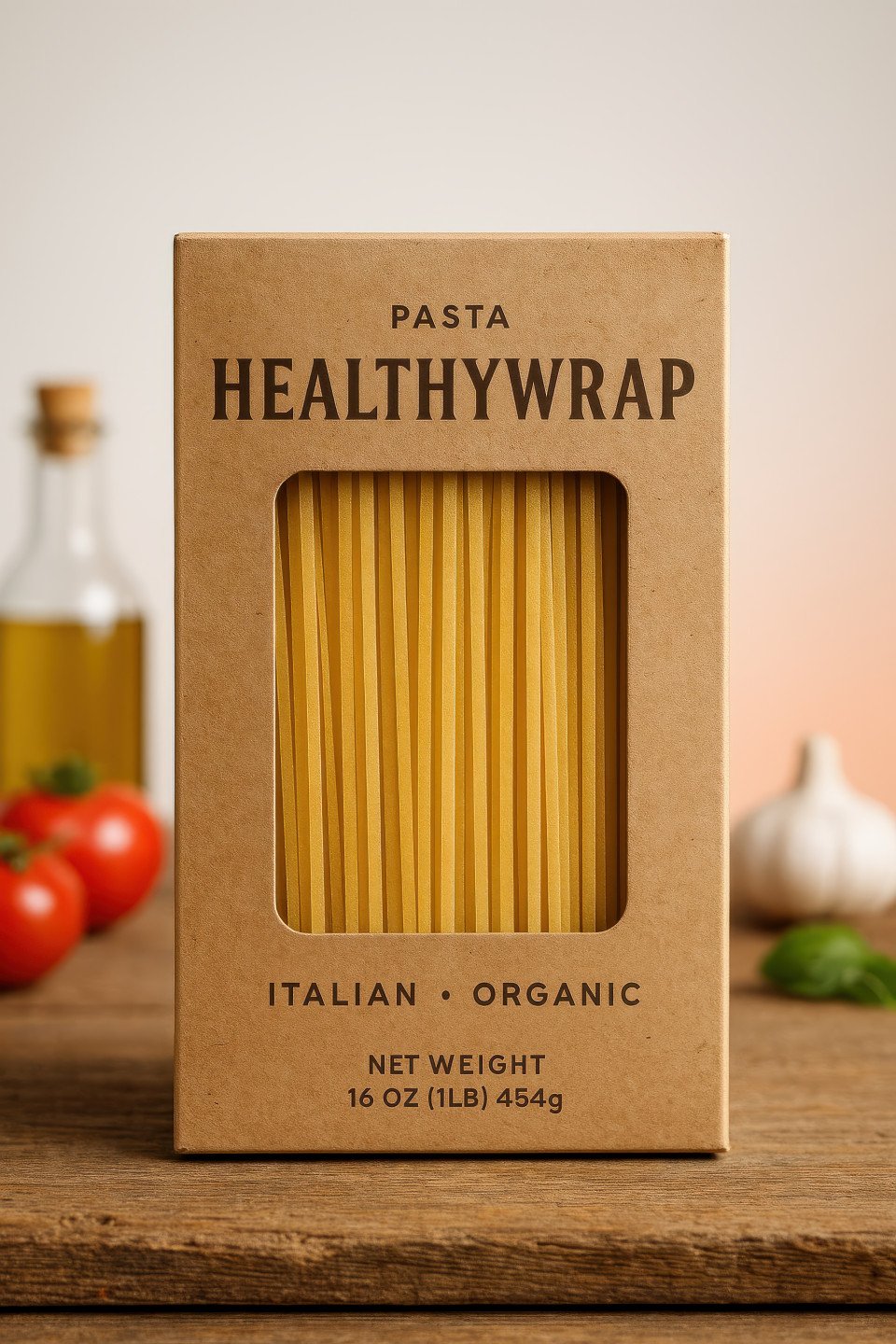 Rectangular pasta box with window showing golden strands placed on rustic board with tomatoes garlic olive oil basil