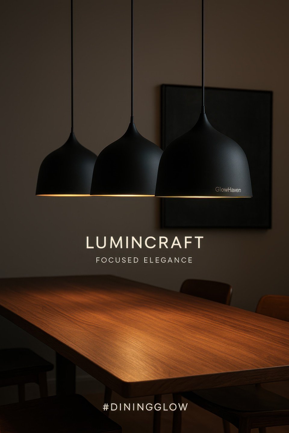 Black pendant lights above wooden dining table casting warm glow