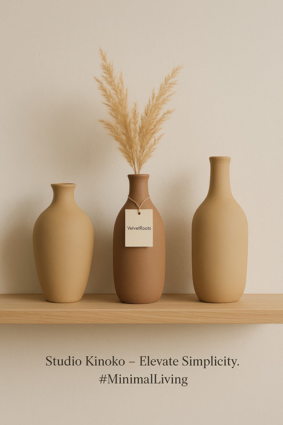 Ceramic vases in earthy tones with pampas grass on floating shelf against neutral wall