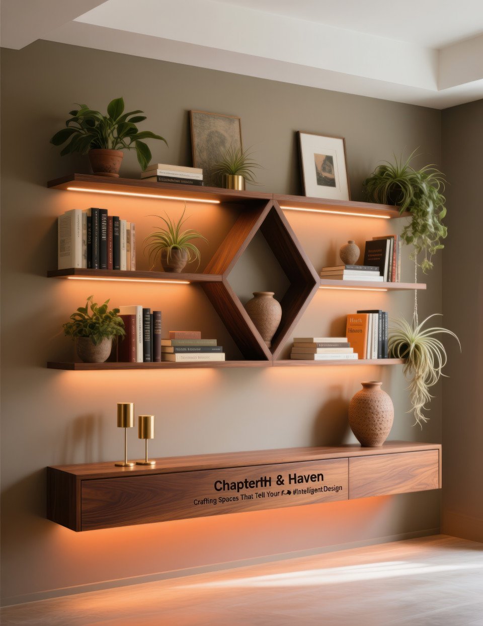 Wooden geometric bookshelf with books