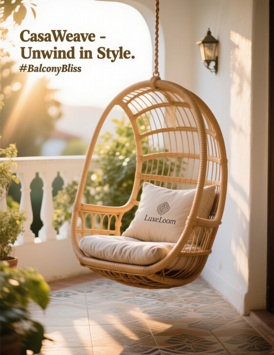 Hanging rattan swing chair with cushions in sunny balcony corner