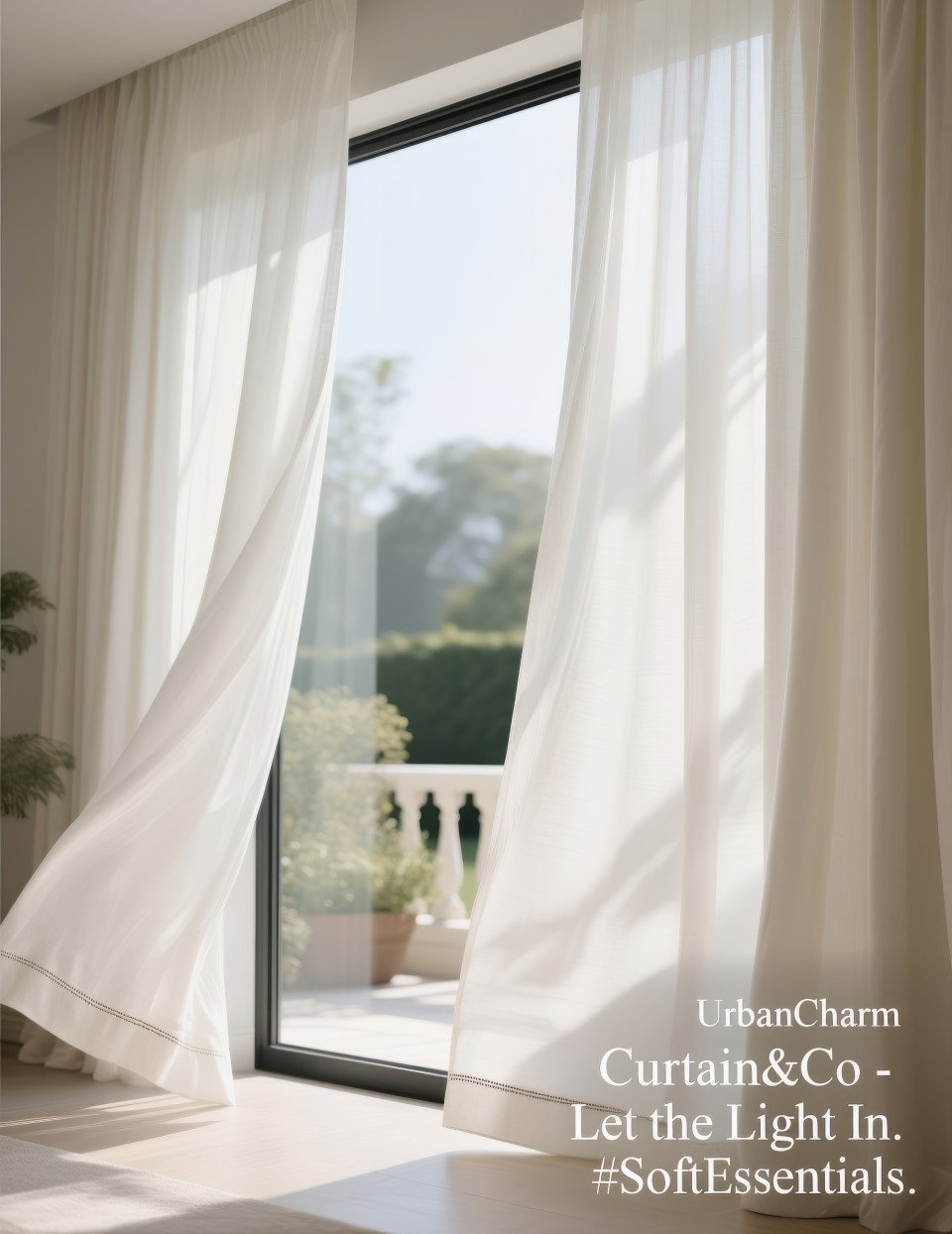 Soft ivory curtains flowing over wide window with morning light and garden view