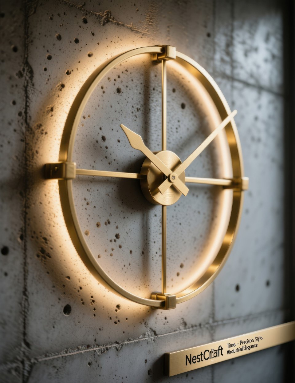 Large gold arm wall clock on textured concrete wall with soft light
