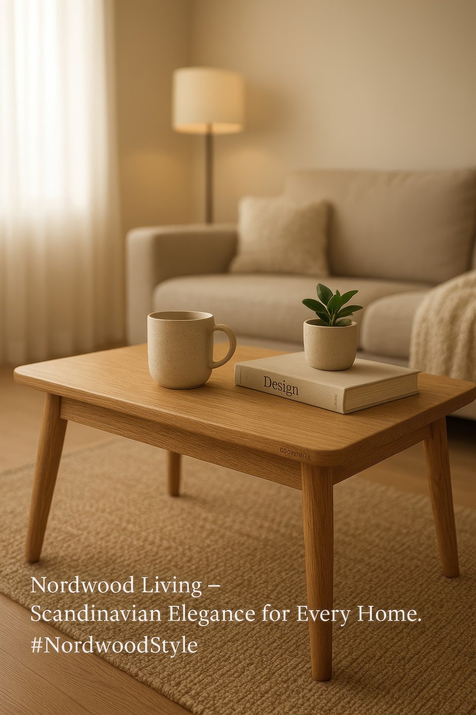 Wooden coffee table in a cozy living room with soft sunlight