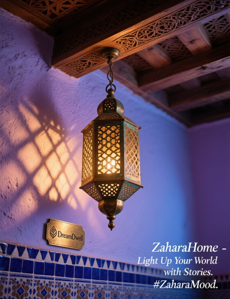 Hanging moroccan lantern glowing warmly at twilight with carved patterns on blue wall