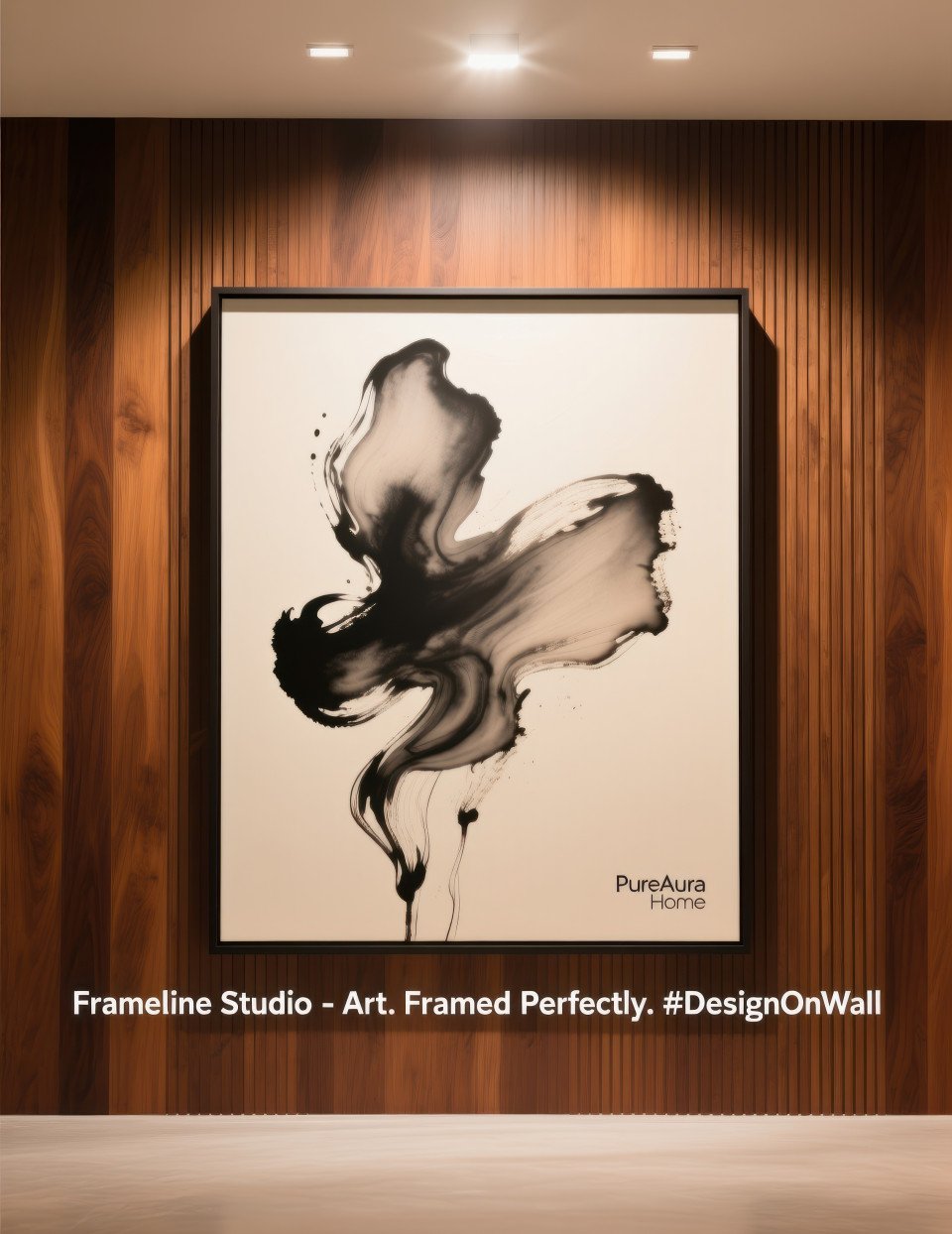Large abstract wall art frame on wooden slat wall with soft gallery lighting