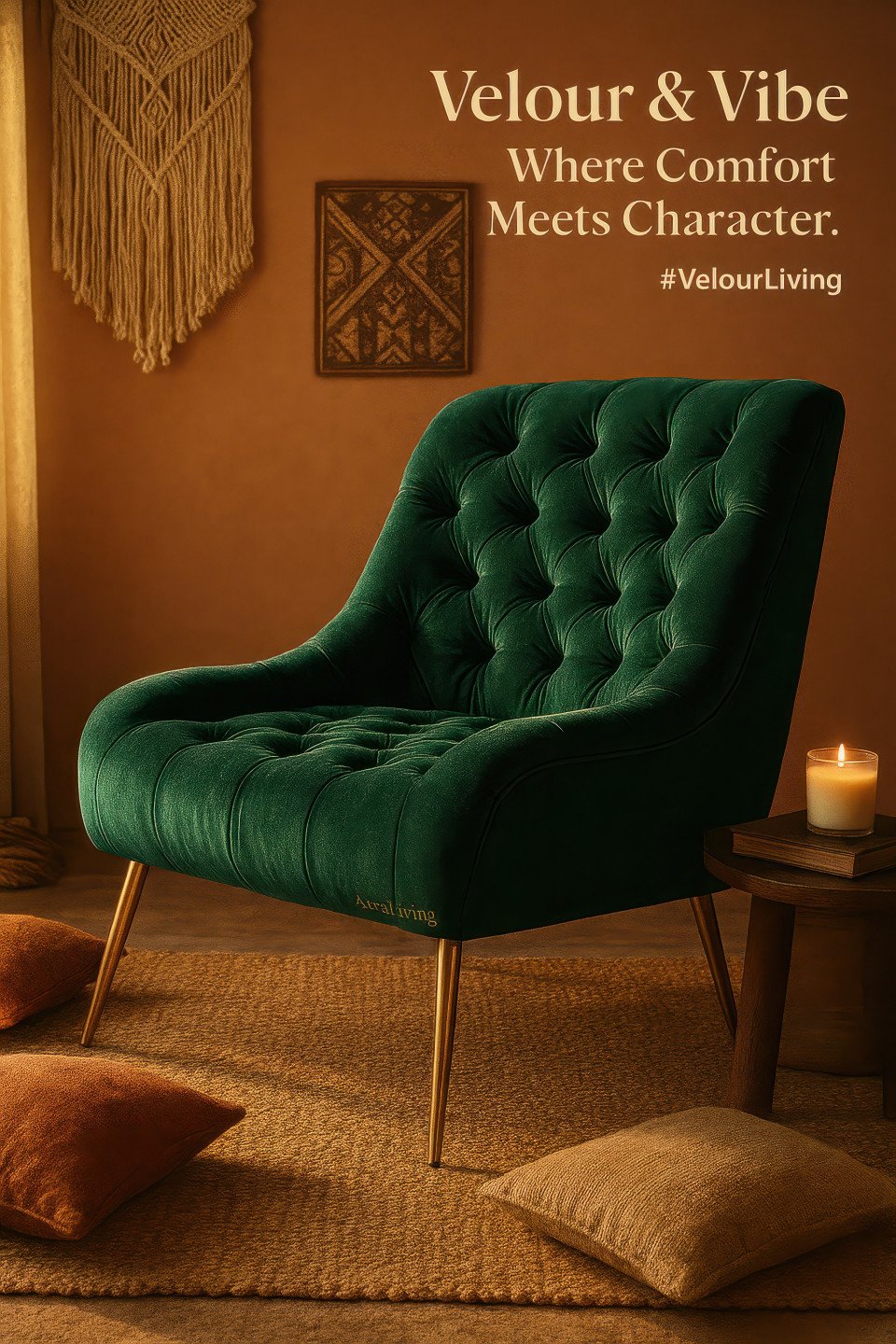 Green velvet chair with brass legs in bohemian corner