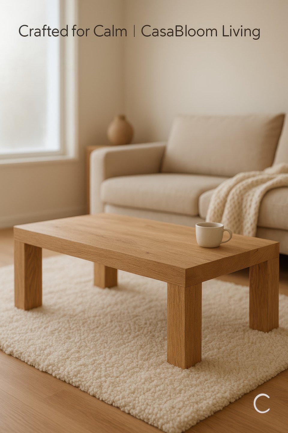 Minimalist oak coffee table in a scandinavian living room with soft daylight