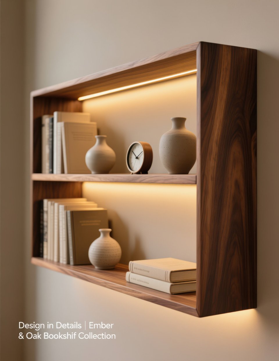 Modern walnut bookshelf with books