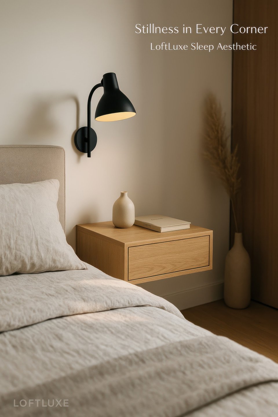 Japandi bedroom with floating nightstand