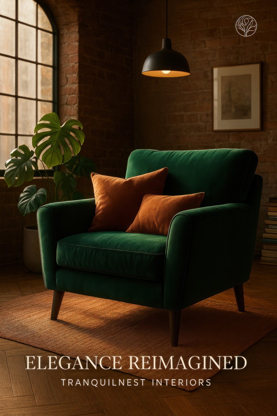 Emerald green velvet armchair in a sunlit loft corner with exposed brick wall