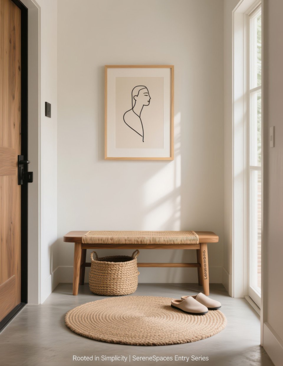 Minimalist entryway with oak bench