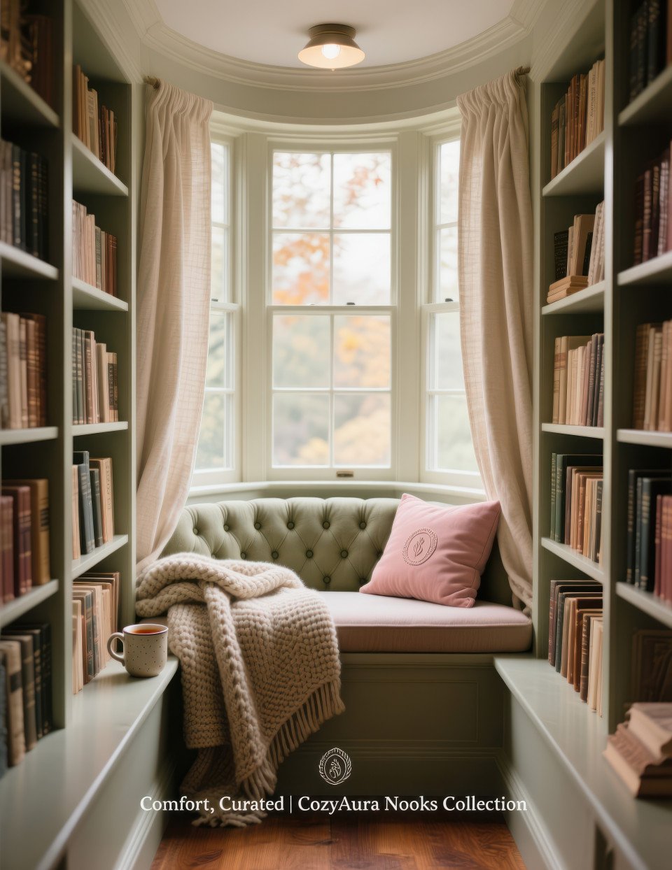Cozy reading nook with tufted seat