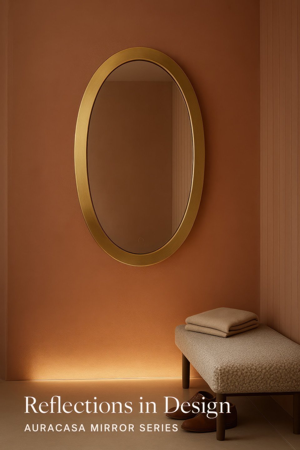 Terracotta hallway with brass oval mirror