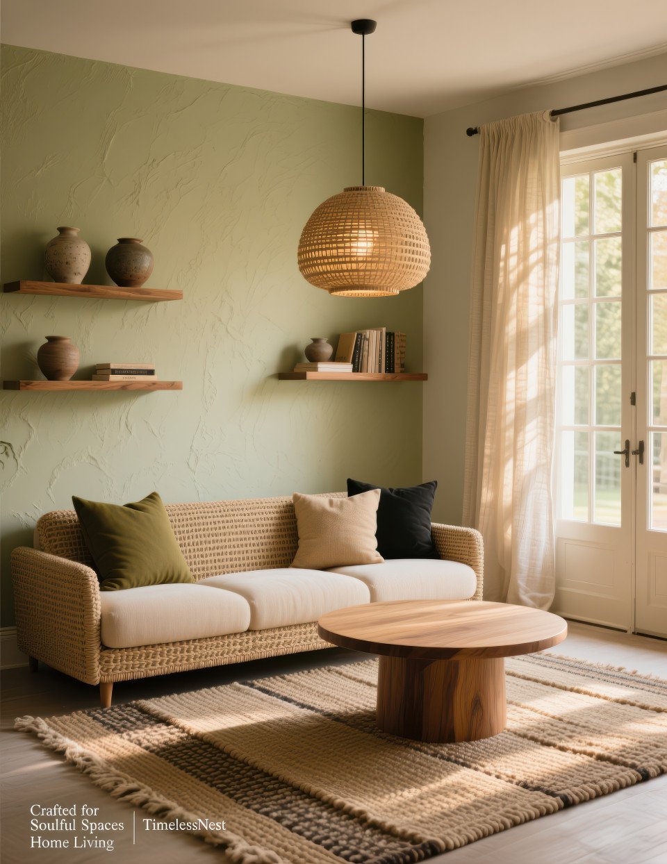 Neutral living room with woven sofa