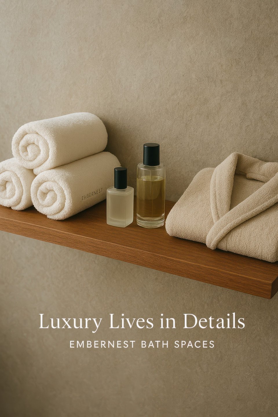 Floating wood bathroom shelf with towels