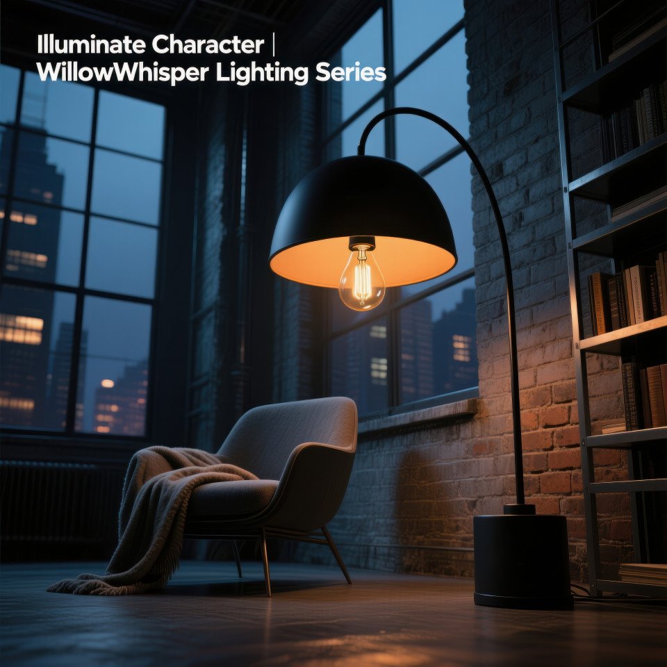 Dramatic loft corner with arched floor lamp