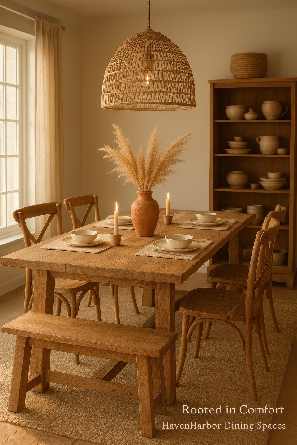 Spacious boho dining room with wood table