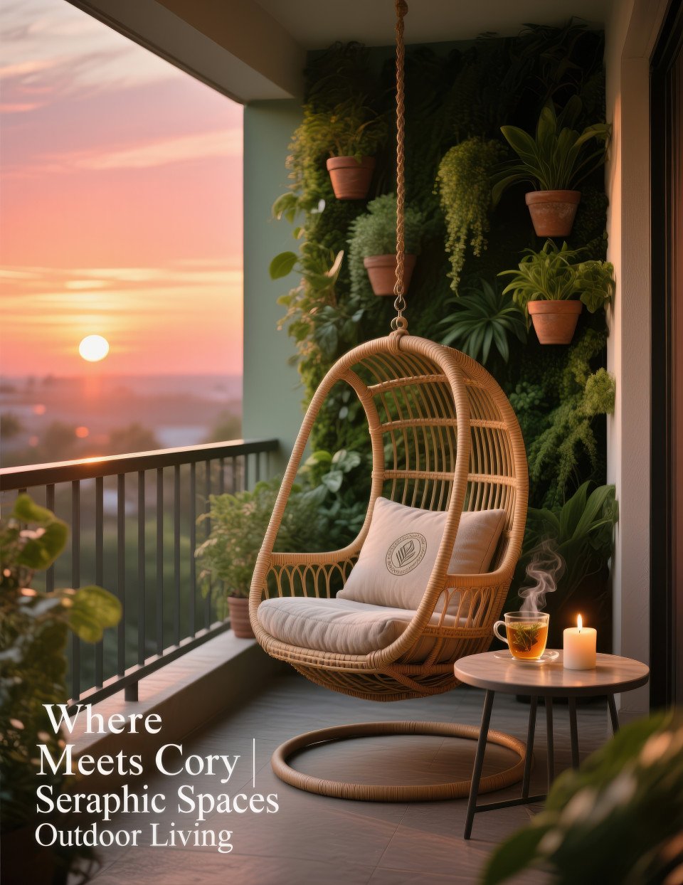 Cozy balcony with rattan swing chair