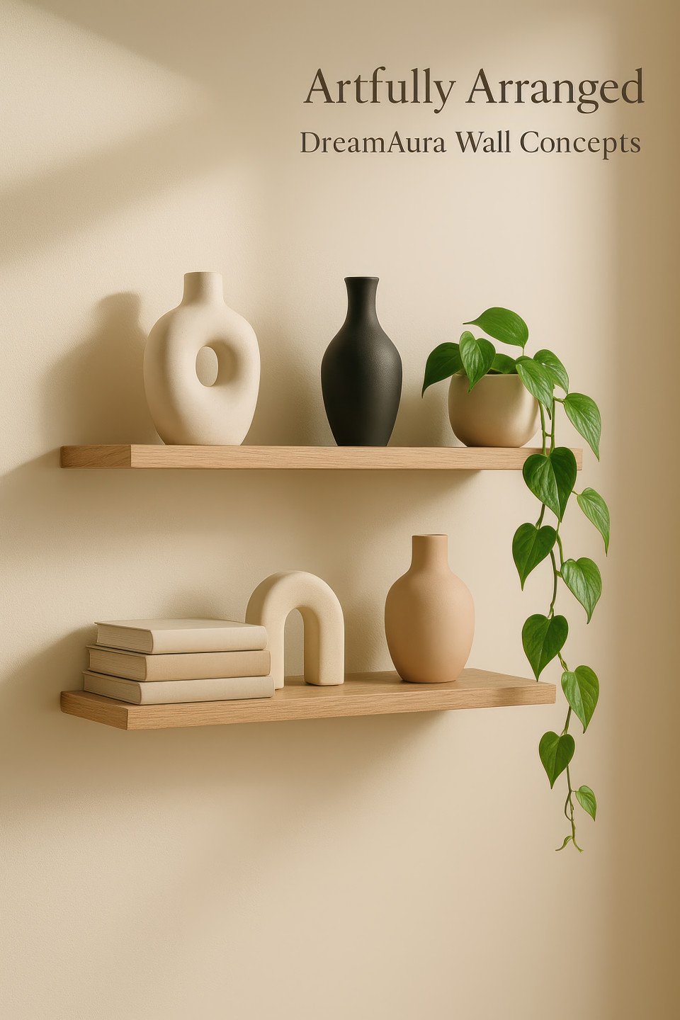 Modern oak wall shelf with ceramics